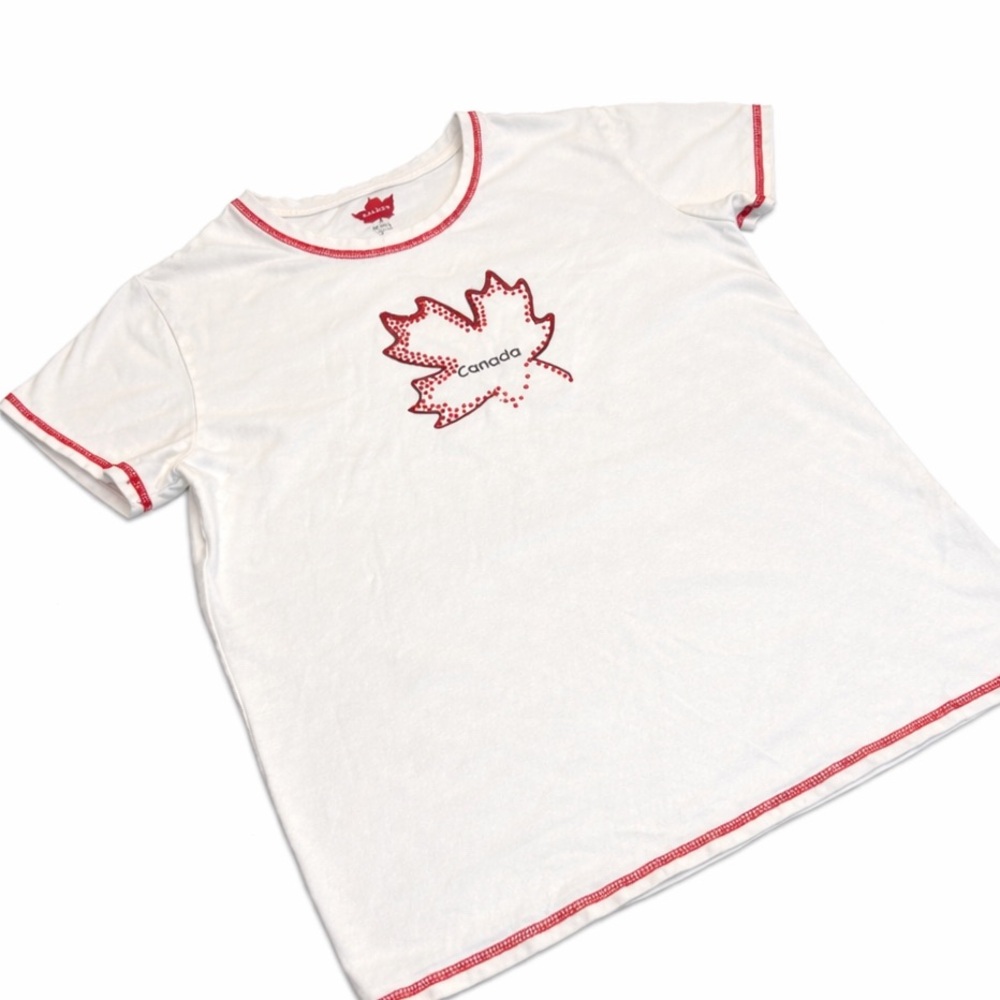 Red Rhinestone Maple Leaf on White Women’s Canada Day Tee by Kalson size Medium